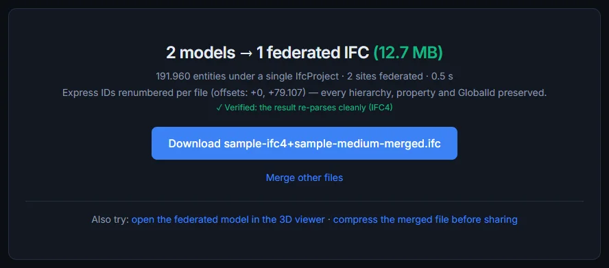 IFC merge result: two models federated into one file under a single IfcProject