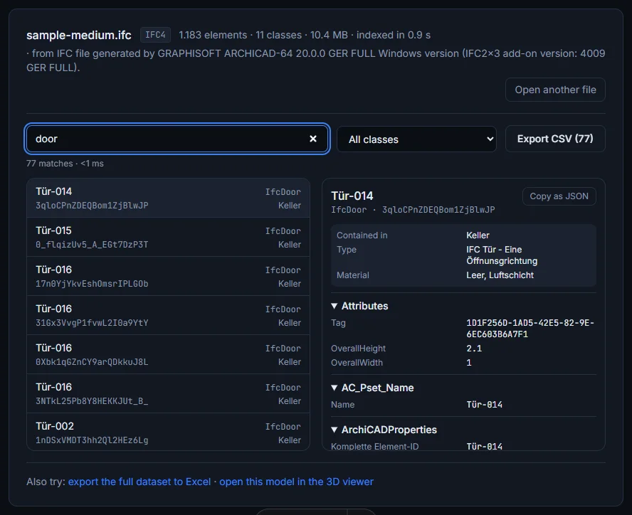 IFC properties explorer showing search results with element data, Psets and quantities