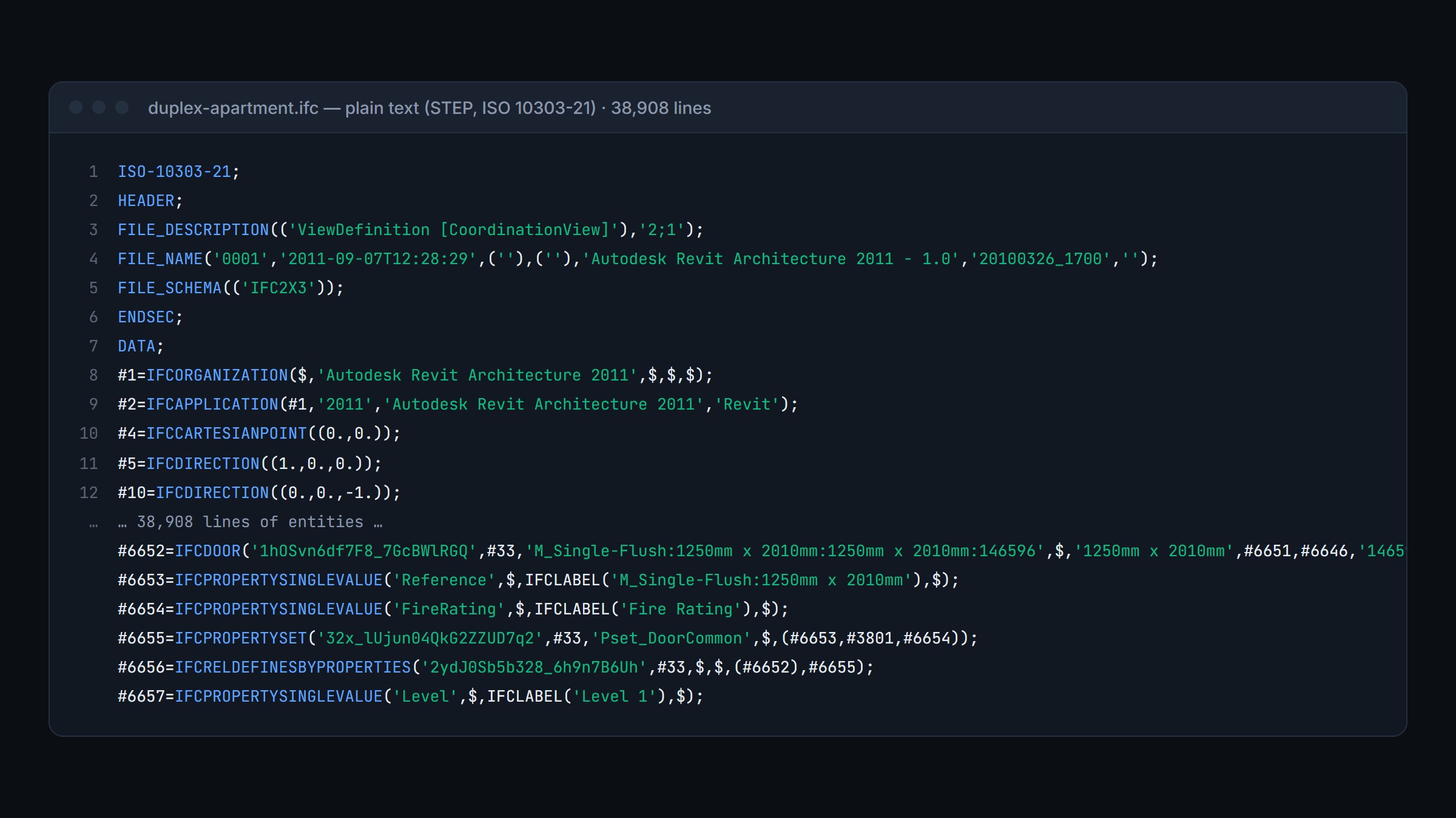 An IFC file opened in a text editor — plain-text STEP header and entity lines