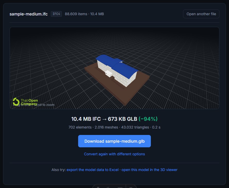 IFC to glTF conversion result showing the file size reduction of the generated GLB