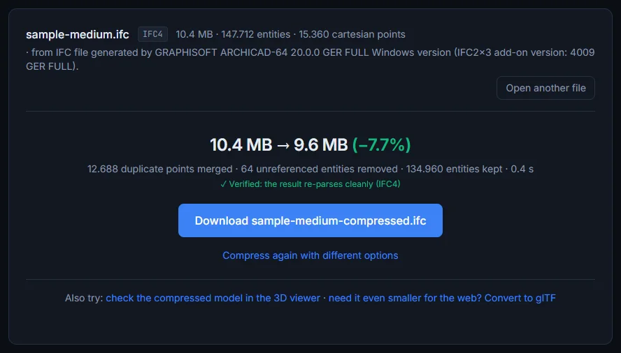 IFC compression result: a verified smaller file with duplicate points merged and orphaned entities removed